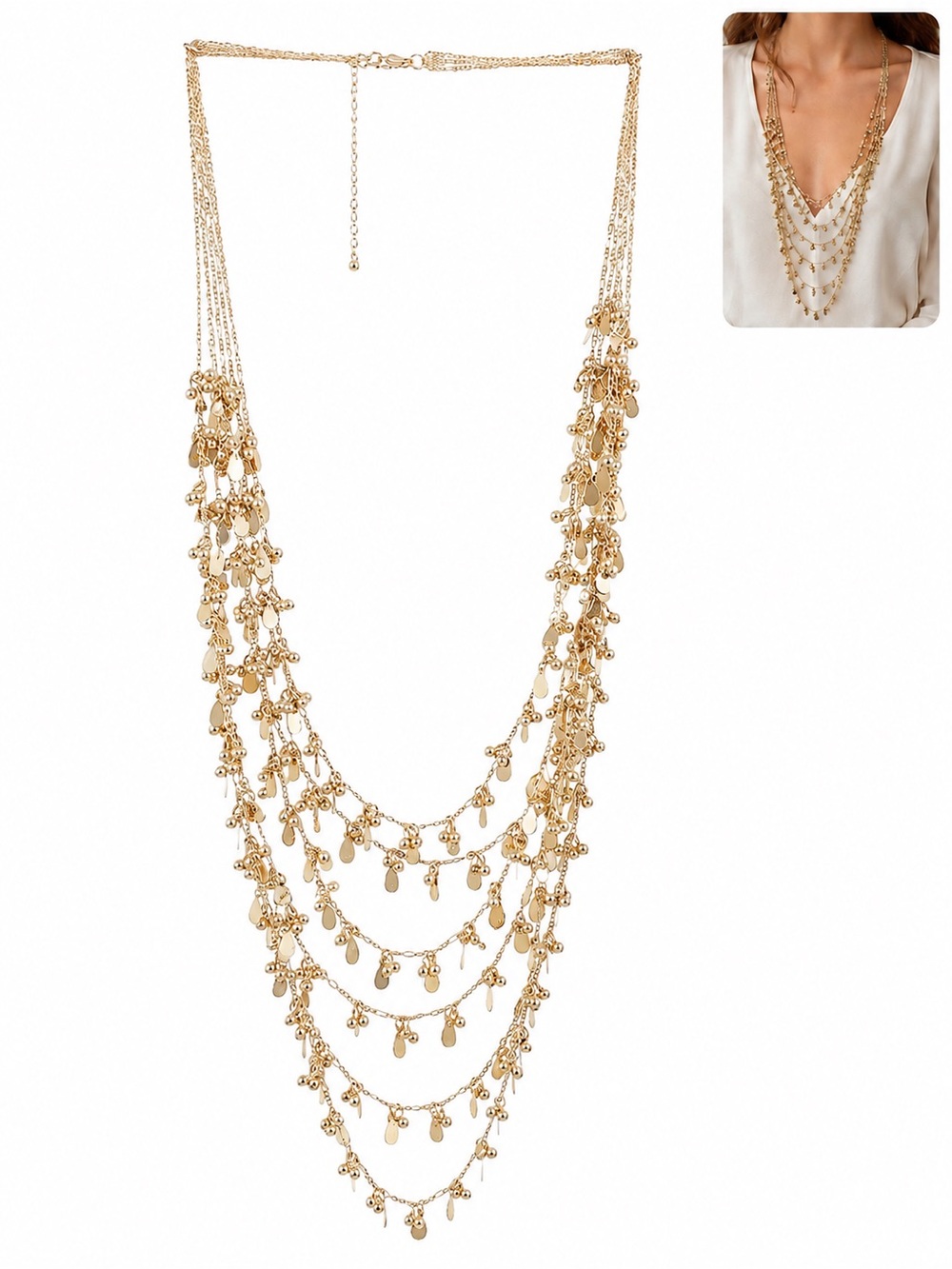Nordstrom sequin Gold multi strand Layered Teardrop Charm Necklace statement